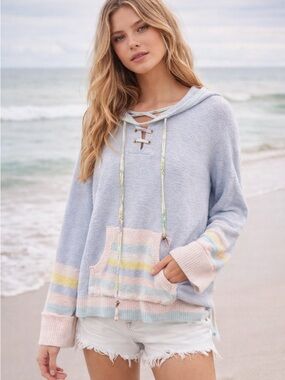 LoveShackFancy Hooded Pastel Stripe Pullover Sweater Size M